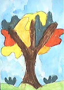 Fond en encre colore bleue et arbre en craie grasse